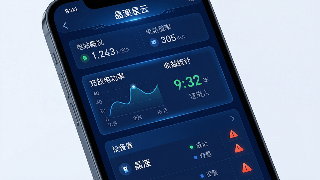画面主体为智能手机屏幕特写,屏幕中清晰显示“晶澳星云”APP界面,界面以深蓝色科技风格为主,中央展示电站设备实时运行数据卡片,包含充放电功率曲线与收益统计数字。布局采用上下分层结构,上方为电站概况摘要,下方为设备列表与告警图标。整体风格现代简约,带有轻微科技光泽感,细节上突出数据可视化元素,画质高清干净,无多余元素。