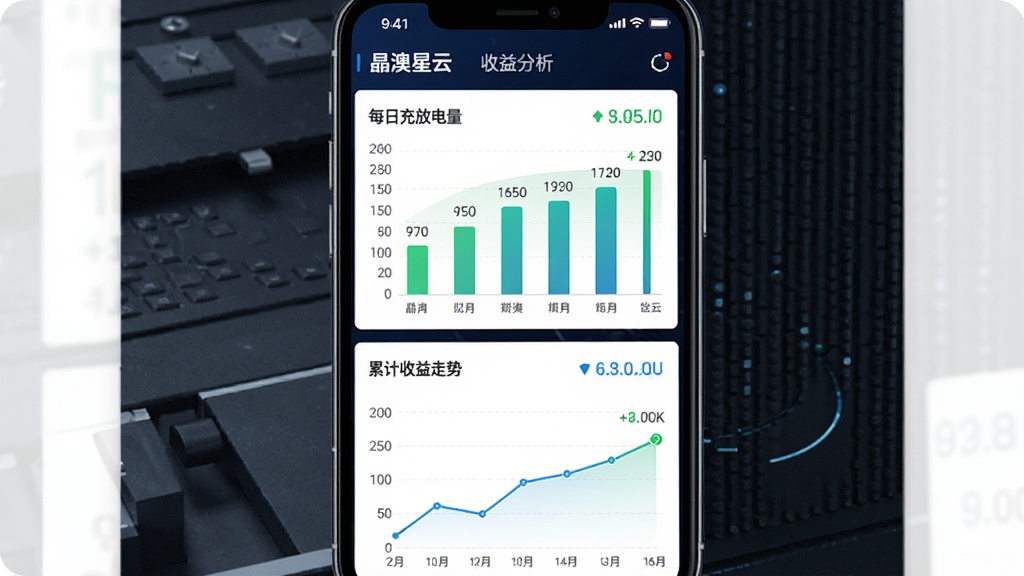画面主体为手机竖屏展示“晶澳星云”收益分析模块,屏幕上半部分为柱状图显示每日充放电量,下半部分为折线图展示累计收益走势。布局采用上下结构,图表配色以绿色和蓝色为主,数字标注清晰,背景为深色科技纹理。整体风格商务简洁,细节强调数据洞察感,画质高清干净,无多余元素。