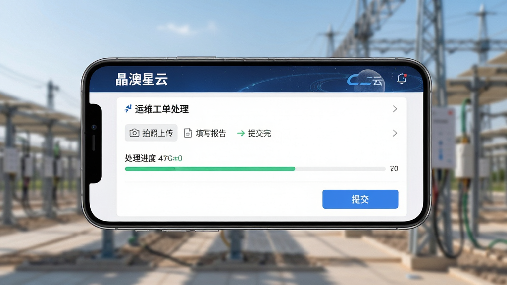 画面主体为手机横屏展示“晶澳星云”运维工单处理界面,背景为电站现场照片,手机屏幕中显示工单详情、处理进度条与提交按钮。布局采用手机居中、背景虚化的排版,屏幕内容清晰可见,包含“拍照上传”“填写报告”“提交完成”等文字标签。整体风格写实兼具科技感,画质干净,细节突出移动端操作便捷性,无多余元素。