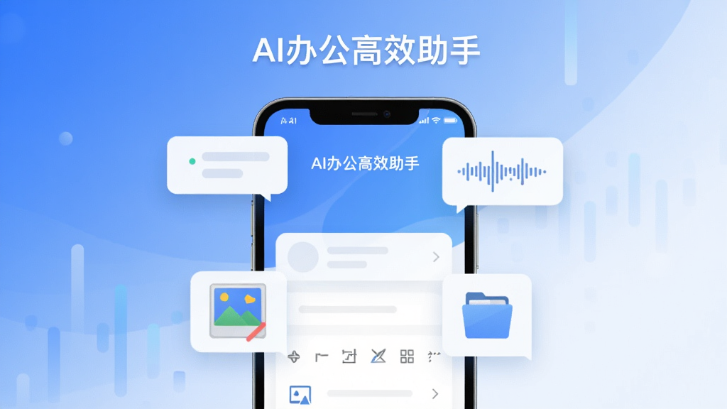 一幅展示AI办公高效助手核心功能的现代科技感宣传图,主体为智能手机界面,界面中悬浮着智能对话气泡、音频波形、图片编辑工具和文件管理图标,布局采用中心对称,背景为渐变的蓝色与白色,风格简约扁平化,细节包括界面上的中文文字“AI办公高效助手”,整体画质清晰干净,无多余元素