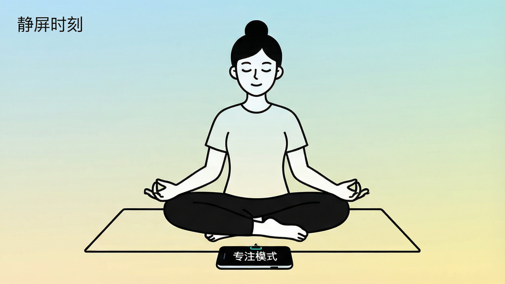 主体:人物闭目盘腿坐在垫子上,双手轻放膝上,手机放在前方。布局:人物居中,手机屏幕显示“专注模式”倒计时。排版:画面左上角有“静屏时刻”小字。风格:简约线条插画,背景为纯色渐变。细节:人物表情安详,手机屏幕清晰显示时间。画质:矢量高清,干净,无多余元素。