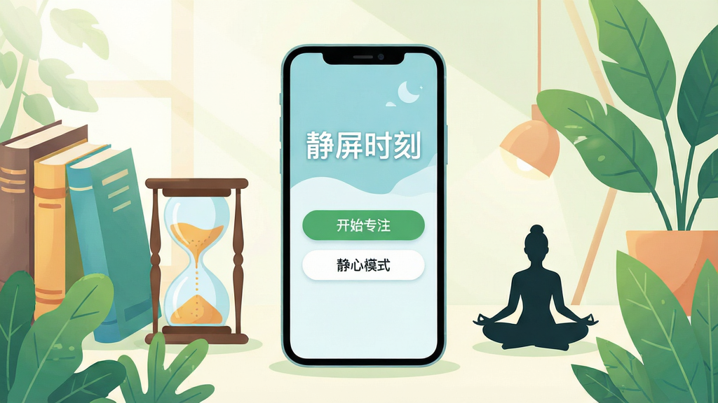 主体:智能手机屏幕显示“静屏时刻”应用界面,周围环绕绿色植物与柔和光线。布局:手机居中,左右两侧有书本、沙漏、冥想人物剪影。排版:应用界面清晰展示“开始专注”、“静心模式”按钮。风格:扁平化插画风格,色调清新明快。细节:手机屏幕有“静屏时刻”字样,画面干净无文字遮挡。画质:高清渲染,干净,无多余元素。