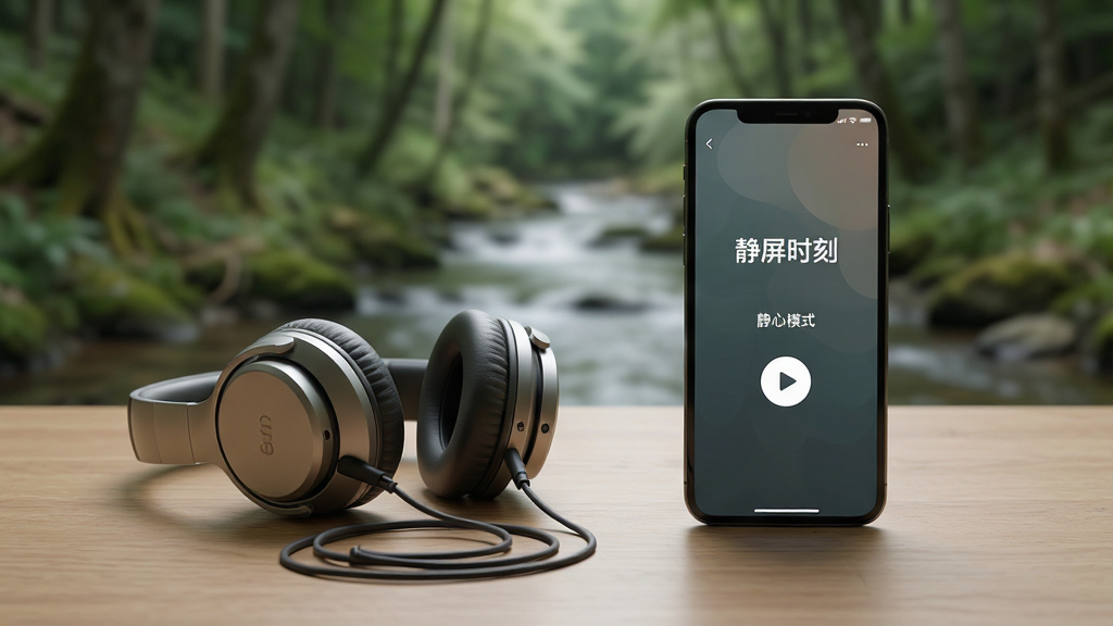 主体:一副耳机与手机并排放在木桌上,手机屏幕显示“静屏时刻”的静心模式界面。布局:耳机在左,手机在右,背景为模糊的森林与溪流。排版:手机界面有“静心模式”字样和播放按钮。风格:写实摄影风格,光影柔和。细节:耳机线自然垂落,手机屏幕亮起,画面干净。画质:高分辨率,干净,无多余元素。