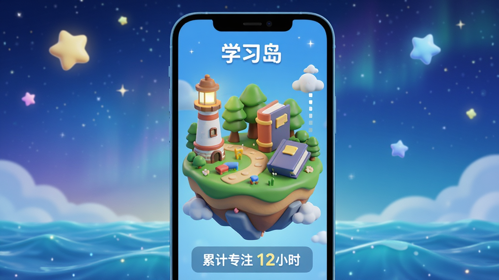 主体:手机屏幕显示“学习岛”3D小岛,岛上树木房屋随进度增加。布局:手机居中,背景为星空或海洋。排版:屏幕下方显示“累计专注 12小时”。风格:3D卡通渲染,色彩绚丽。细节:小岛有灯塔、书本雕塑,画面精致。画质:4K渲染,干净,无多余元素。