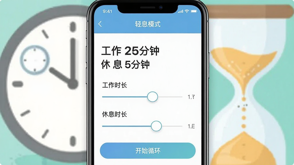 主体:手机屏幕显示“轻息模式”设置界面,包含工作时长、休息时长滑块。布局:手机居中,背景为时钟与沙漏图案。排版:界面清晰显示“工作 25分钟”、“休息 5分钟”。风格:扁平化UI设计,配色轻松。细节:滑块可拖动,有“开始循环”按钮。画质:界面截图风格,干净,无多余元素。