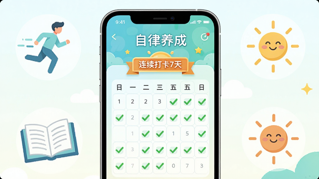 主体:手机屏幕显示“自律养成”打卡日历,每天有勾选标记。布局:手机居中,背景有跑步、书本、太阳的图标。排版:显示“连续打卡7天”徽章。风格:清新插画风,色彩活泼。细节:日历格子上有绿色对勾,界面清爽。画质:高清,干净,无多余元素。