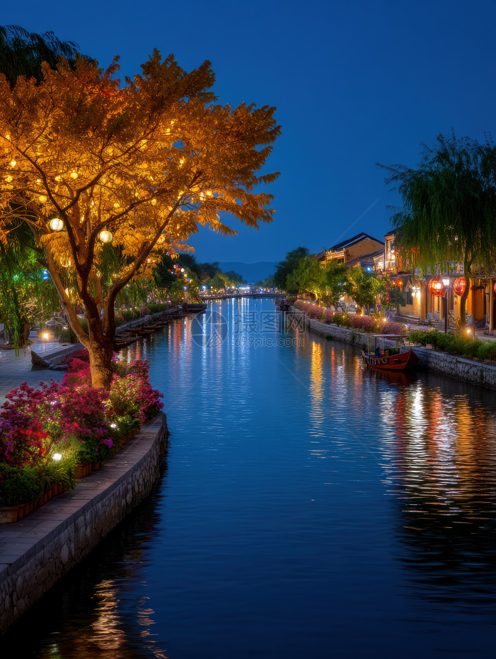 风华百景镇 夜景 灯笼 河边 灯光