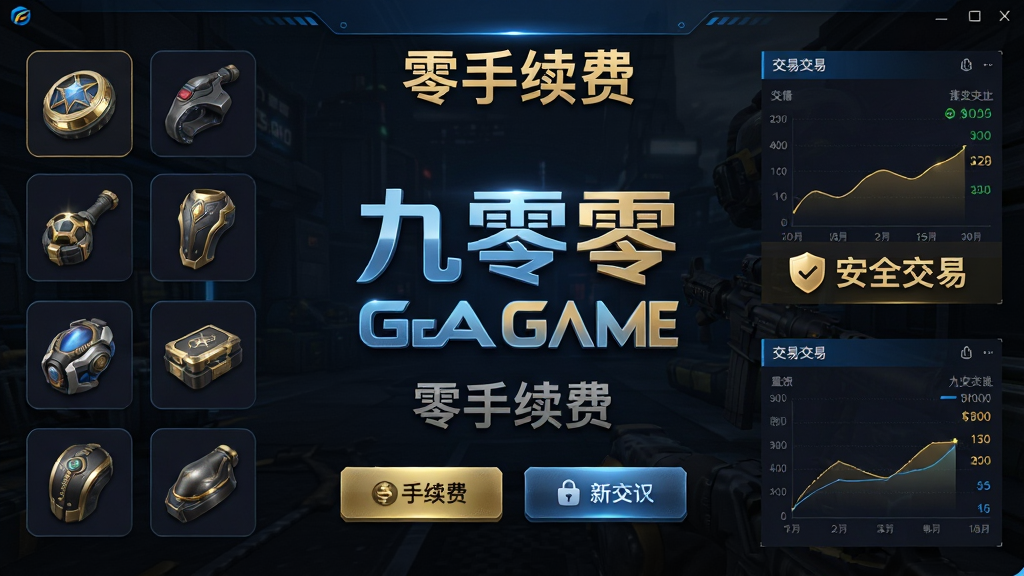 主体:九零零GAME软件界面展示,背景为CS:GO游戏元素;布局:居中显示软件Logo与名称,四周环绕各类饰品图标与交易数据图表;排版:简洁清晰,突出“零手续费”与“安全交易”字样;风格:现代科技感,蓝黑主色调搭配金色点缀;细节:界面光影细腻,饰品光泽真实,按钮质感突出;画质:8K超清,干净无多余元素。