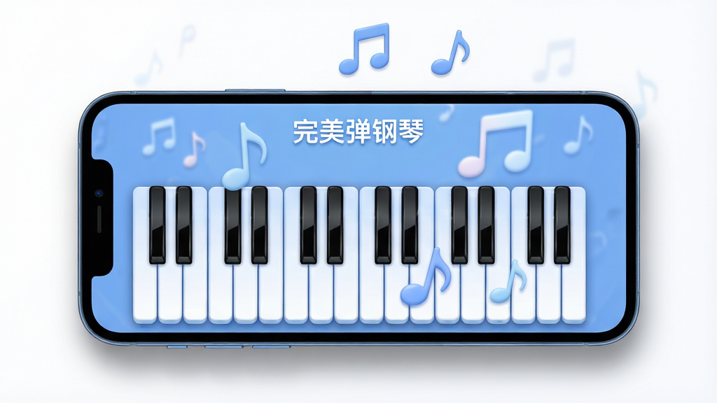 主体:一部智能手机横屏放置在桌面上,屏幕中显示“完美弹钢琴”App的钢琴键盘主界面,界面色彩柔和,琴键清晰可见,背景有淡雅的音符漂浮。布局:手机居中,周围留白,下方有简单的阴影,整体画面干净。排版:手机屏幕内容作为视觉中心,上方配以少量飘动的音符元素。风格:扁平化结合轻微3D质感,现代简约,色调以蓝白为主。细节:屏幕内钢琴键盘黑白键分明,键面带有光泽质感,界面顶部有“完美弹钢琴”字样。画质:8K超高清,细节丰富,光影自然,干净无多余元素。