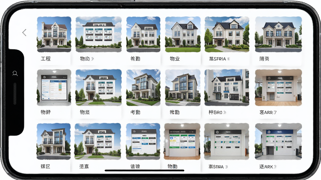 水印相机建筑模板选择界面截图,主体为手机屏幕展示多套工程、物业、考勤等模板缩略图,布局网格排列,排版整齐,风格界面设计,细节清晰,画质高清,干净无多余元素