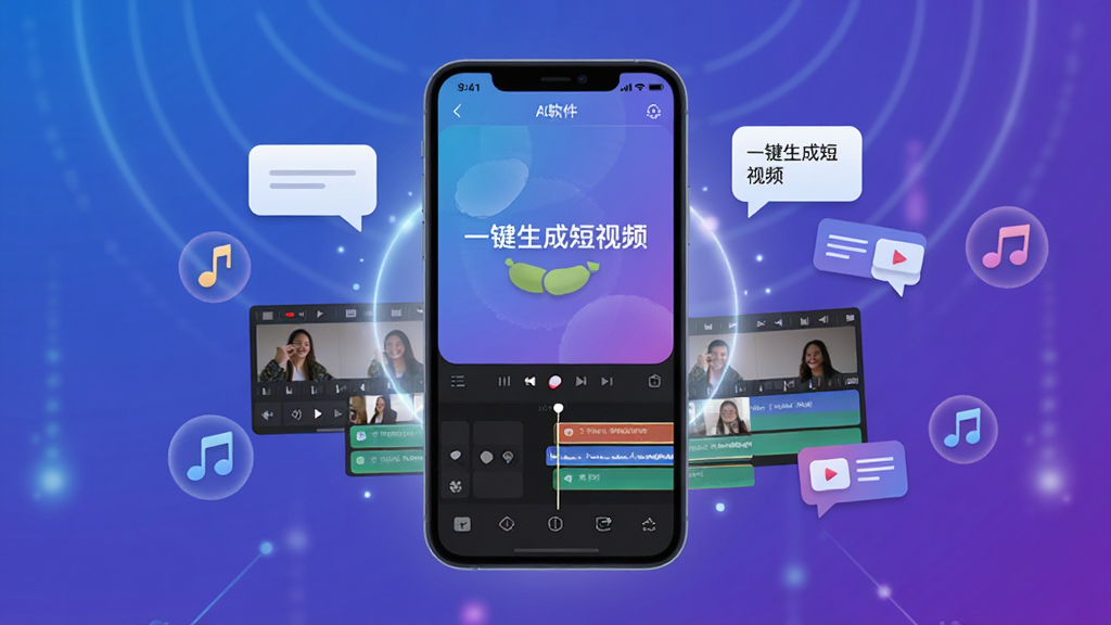 画面主体为花豆AI软件界面悬浮在智能手机屏幕上方,周围环绕视频剪辑轨道、文字气泡、音符图标等元素,背景是渐变蓝紫色科技感光效,布局采用中心构图,界面清晰展示“一键生成短视频”字样,风格现代扁平化,细节包含微光晕和粒子效果,画质高清干净,无多余元素