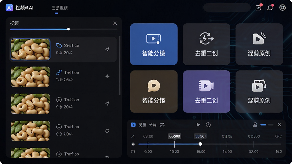 画面主体为花豆AI操作界面,左侧是视频素材列表,右侧是功能按钮网格,包括“智能分镜”“去重二创”“混剪原创”等,背景为深色科技感界面,布局清晰,风格简洁现代,细节包含进度条和时间线,画质高清干净,无多余元素