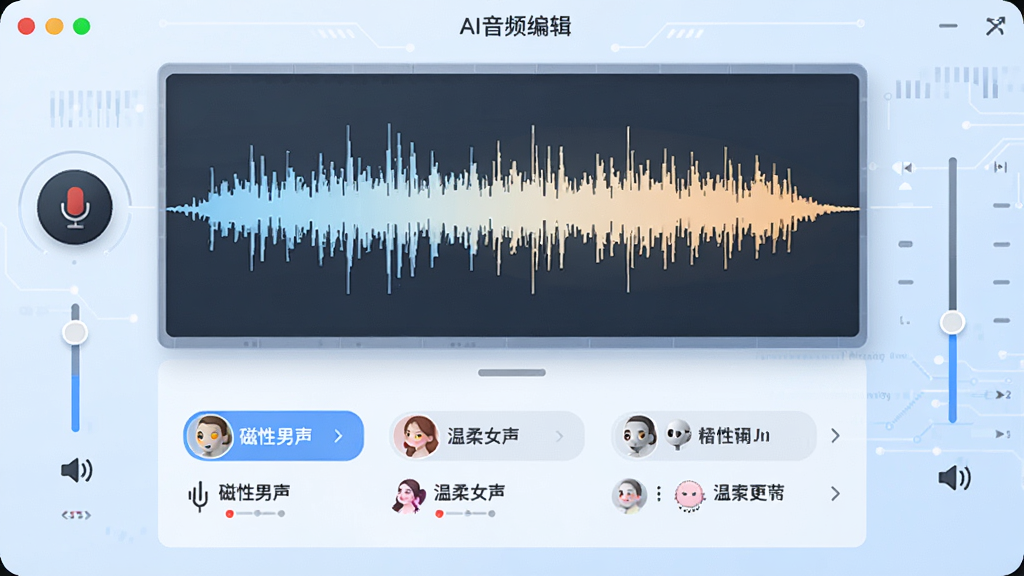 画面主体为花豆AI音频编辑界面,中间是波形图,下方是音色选择列表,包括“磁性男声”“温柔女声”等,背景为淡蓝色科技风,布局左右对称,风格简约,细节包含录音按钮和音量调节条,画质高清干净,无多余元素
