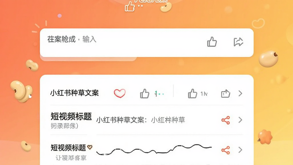 画面主体为花豆AI文案生成界面,上方是输入框,下方是生成的文案示例,包括“小红书种草文案”“短视频标题”等,背景为暖色渐变,布局居中,风格清新,细节包含点赞和分享图标,画质高清干净,无多余元素