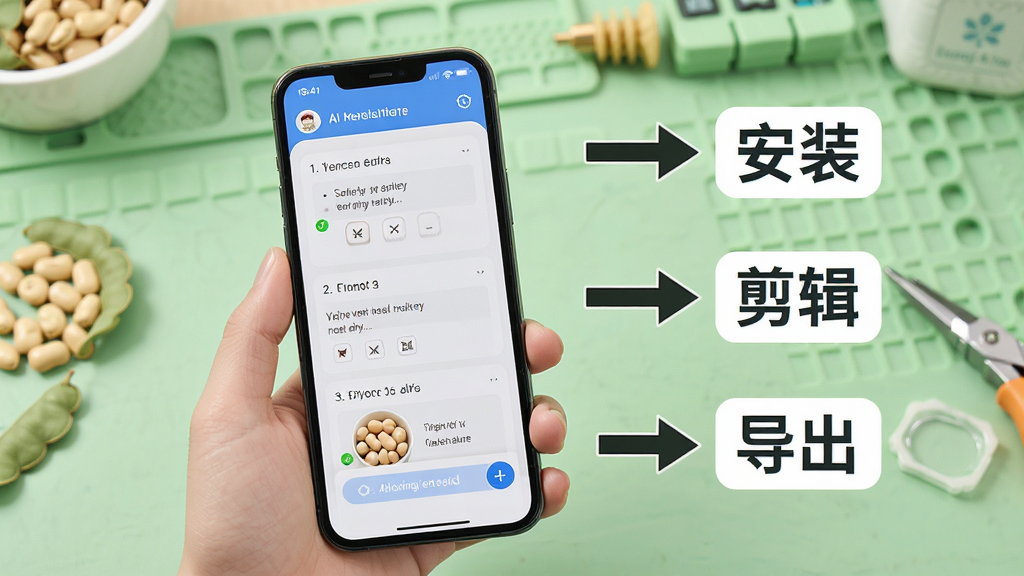 画面主体为花豆AI使用教程场景,手机屏幕显示操作步骤,旁边有文字标注“安装”“剪辑”“导出”,背景为浅绿色工作台,布局清晰,风格教育风,细节包含箭头指示,画质高清干净,无多余元素