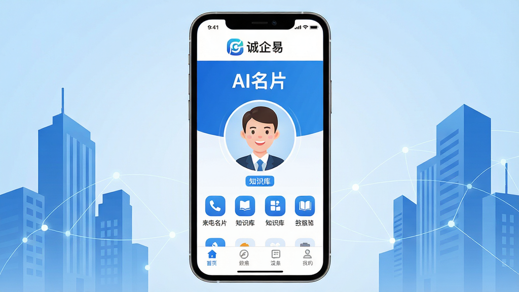 主体:一部智能手机屏幕显示“诚企易”应用界面,界面顶部有企业Logo和“AI名片”字样,中间是数字人形象与功能图标,底部是导航栏。布局:手机居中,背景为浅蓝色渐变,左右两侧有抽象的企业建筑剪影和连接线条。排版:界面图标整齐排列,文字清晰。风格:现代商务科技感,扁平化设计,色彩以蓝白为主。细节:数字人面带微笑,界面有“来电名片”、“知识库”等标签。画质:高清,干净,无多余元素。