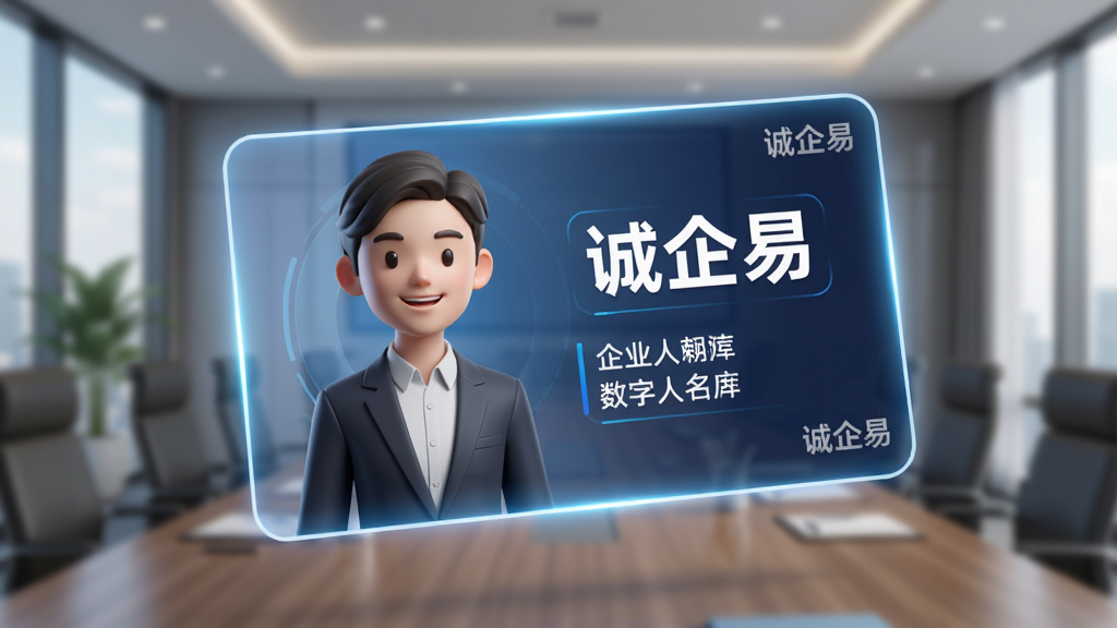 主体:一张动态“诚企易”数字人名片展示,名片上有一个3D虚拟人物,旁边有企业名称和职位信息。布局:名片悬浮在商务场景中,背景是模糊的办公室和会议室。排版:名片正面朝上,信息层次分明。风格:写实与科技结合,光影自然。细节:数字人穿着职业装,名片边缘有发光特效,角落有“诚企易”水印。画质:超清,干净,无多余元素。