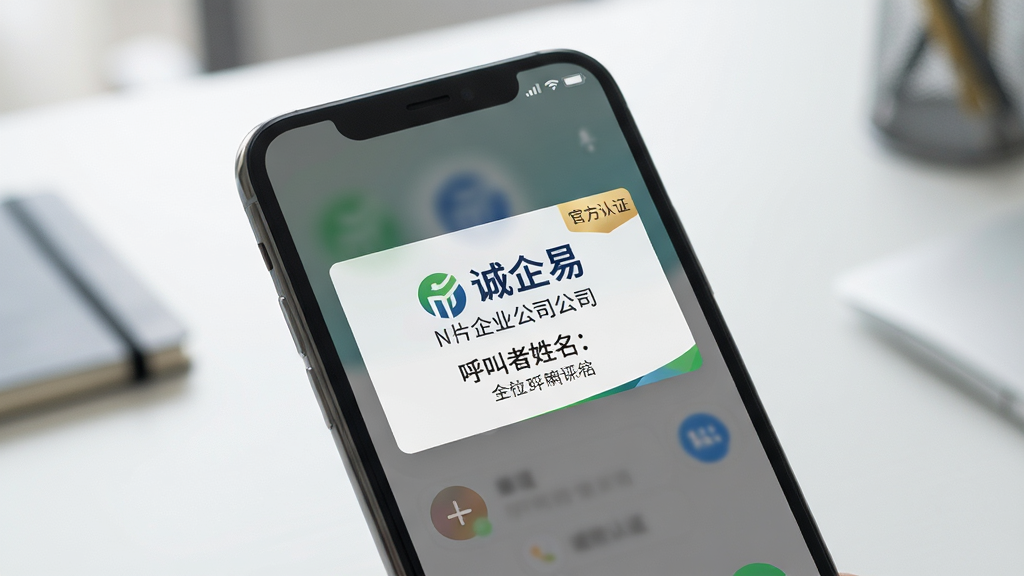主体:一部手机正在通话,屏幕显示“诚企易”来电名片,包含企业Logo、公司名称、呼叫者姓名和职位。布局:手机特写,背景是简约的办公桌。排版:名片信息居中显示,字体清晰。风格:真实场景摄影风格,光线柔和。细节:屏幕上有“官方认证”标签,名片设计与企业VI一致。画质:高清,干净,无多余元素。