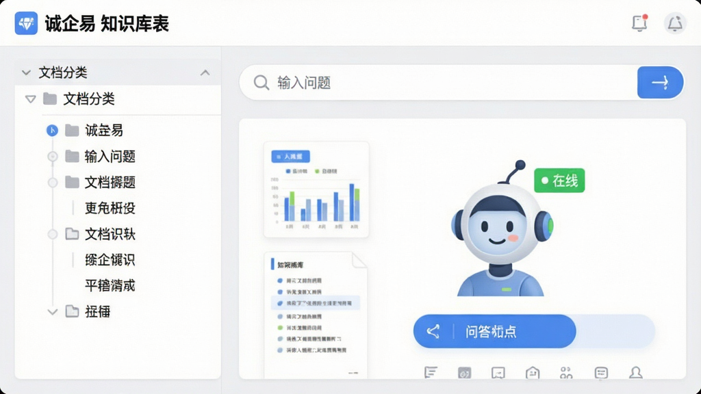 主体:“诚企易”知识库界面,左侧是文档分类树,右侧是搜索框和问答机器人。布局:界面采用左右分栏,背景为浅灰色工作台。排版:信息排列整齐,有图表和文档缩略图。风格:企业级软件界面,简洁明快。细节:搜索框有“输入问题”提示,机器人头像旁有“在线”标志。画质:高清,干净,无多余元素。