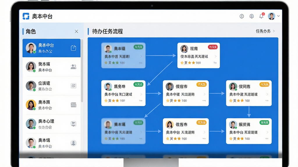 画面主体为“奥本中台”协同办公界面,左侧显示角色列表,右侧展示待办任务流程图。布局为左右分栏,中间以箭头连接任务节点。排版采用扁平化设计,以蓝色和白色为主色调。风格为现代办公软件风格,细节上任务卡片带有优先级标签,头像图标清晰。画质为1080P高清,画面干净,无多余元素。
