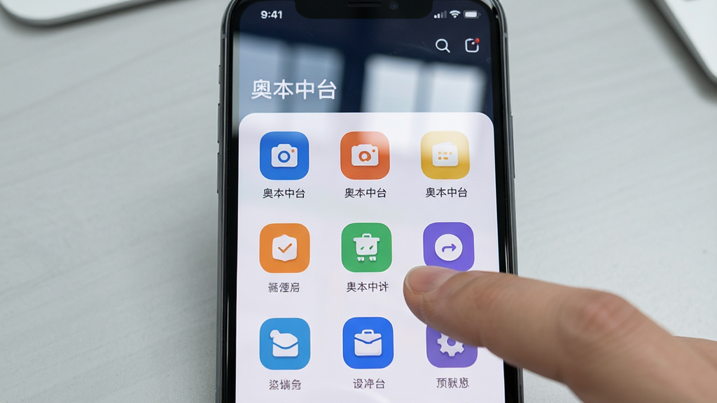 画面主体为一部智能手机屏幕,屏幕上显示“奥本中台”移动端工作台界面,界面包含功能图标网格。布局为手机居中,背景为浅灰色桌面。排版采用简洁的扁平化设计,图标色彩鲜艳。风格为真实场景拍摄风格,细节上手机屏幕有反光效果,手指点击图标动作。画质为高清,干净无多余元素。