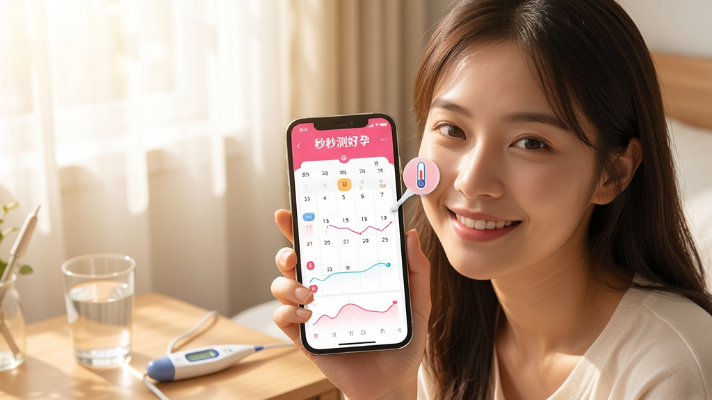 一张温暖明亮的室内场景图,一位年轻女性微笑着将“秒秒测好孕”APP界面上的体温计图标贴近脸颊,背景是柔和的晨光透过窗帘洒在床头,桌面上摆放着水杯和智能体温计。画面主体突出手机屏幕上的粉色系日历与数据曲线,整体布局居中,风格清新自然、温馨舒适,细节丰富,画质干净,无多余元素