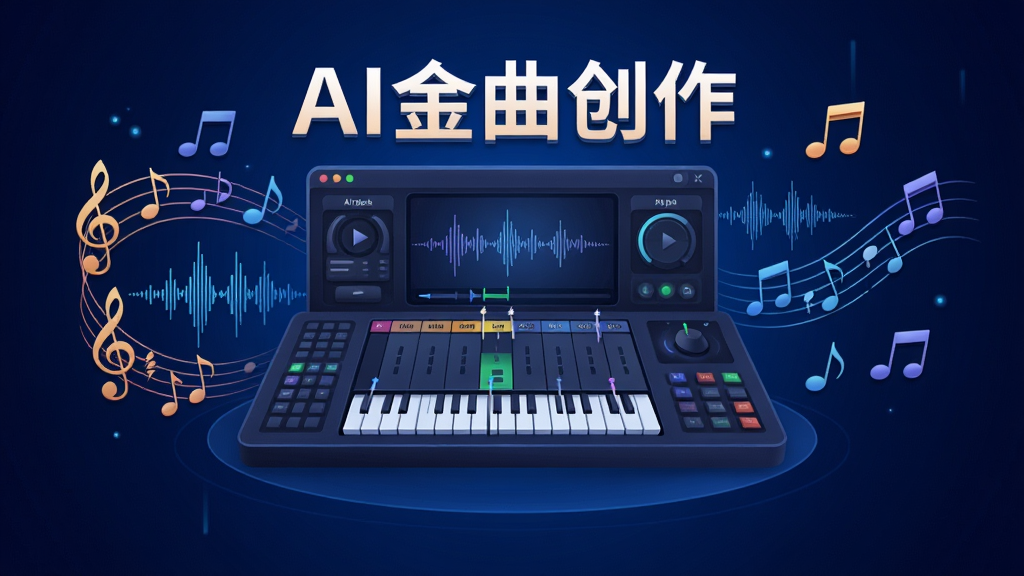 一幅展示AI金曲创作软件主界面的高清数字插画,画面中央是一个虚拟的音乐制作工作台,周围环绕着音符、波形、旋律线条等元素,背景为深蓝色科技感渐变,界面风格简洁现代,突出“AI金曲创作”字样,画质清晰,细节丰富,无多余元素