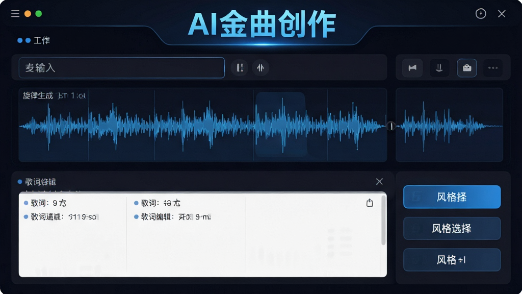 一张展示AI金曲创作全流程作曲功能的界面截图,画面中显示输入框、旋律生成波形图、歌词编辑区域以及风格选择按钮,整体界面以深色为主,搭配蓝色高光,突出“AI金曲创作”品牌名称,画质细腻,排版整洁,无多余元素
