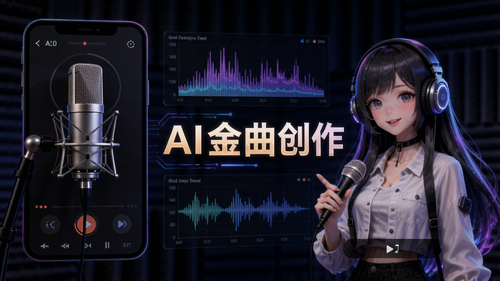 展示AI金曲创作声纹克隆功能的示意图,画面左侧是麦克风录音界面,右侧是AI歌姬形象生成过程,背景有频谱分析和声纹图谱,整体风格科技感十足,突出“AI金曲创作”文字标识,画质高清,配色协调,无多余元素