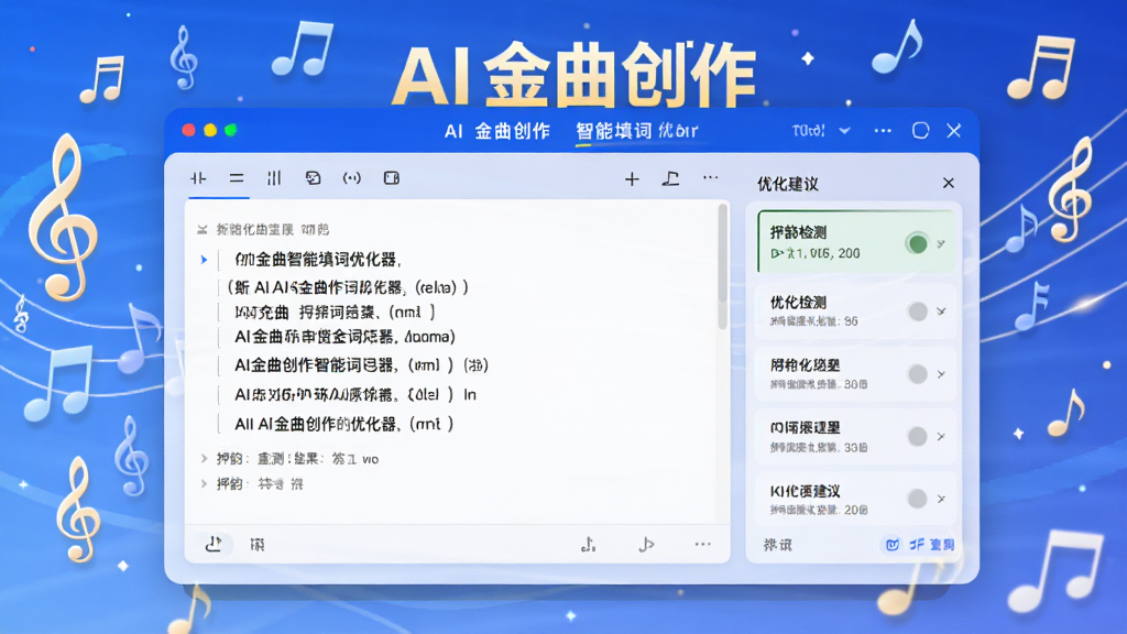 展示AI金曲创作智能填词优化器功能的界面,画面中显示歌词编辑框、押韵检测结果以及优化建议列表,背景有音符和文字符号漂浮,整体风格明亮清晰,突出“AI金曲创作”品牌,画质干净,无多余元素