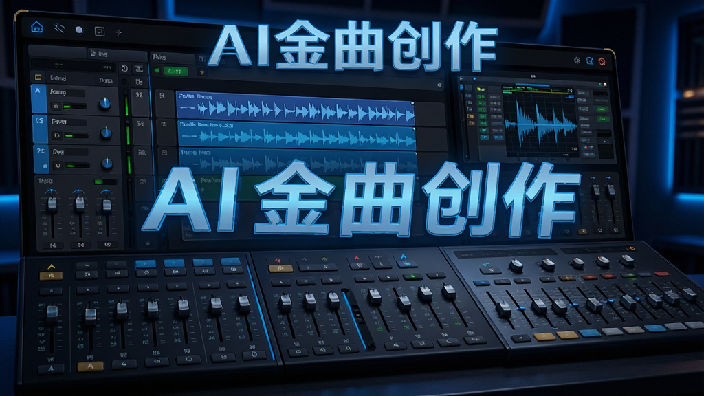 展示AI金曲创作专业级混音工坊的操作界面,画面中有多个音轨轨道、均衡器调节面板和混音控制台,整体风格专业且现代,带有蓝色科技光效,突出“AI金曲创作”字样,画质细腻,无多余元素