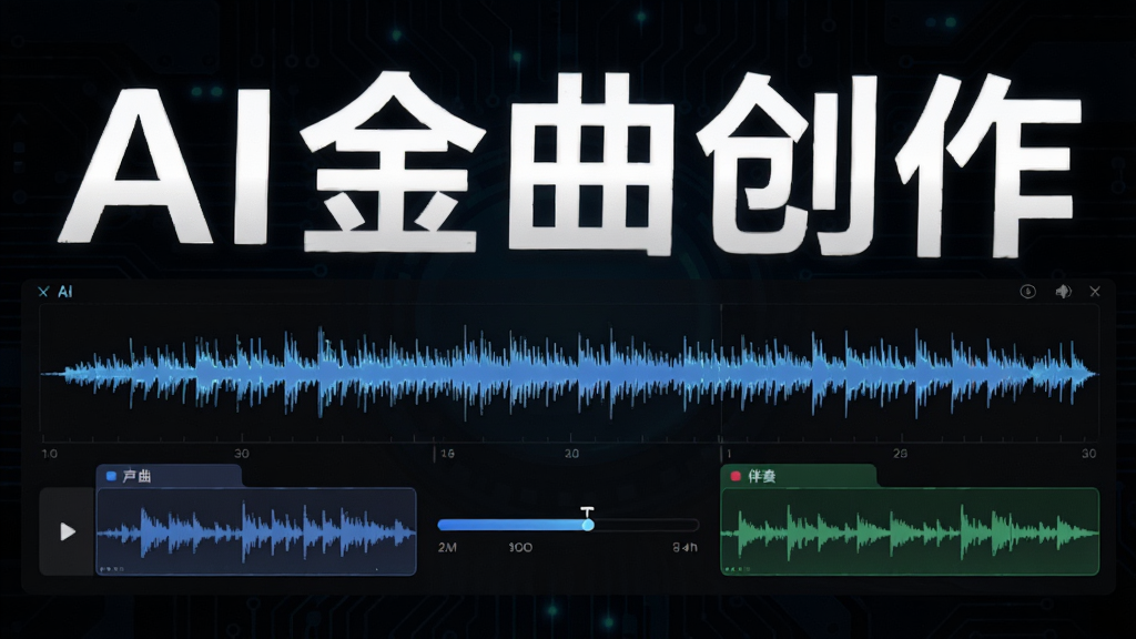 展示AI金曲创作AI伴奏提取功能的界面,画面中央是音频波形图,左侧为人声轨,右侧为伴奏轨,中间有分离进度条,背景为深色科技风格,突出“AI金曲创作”品牌名称,画质清晰,无多余元素