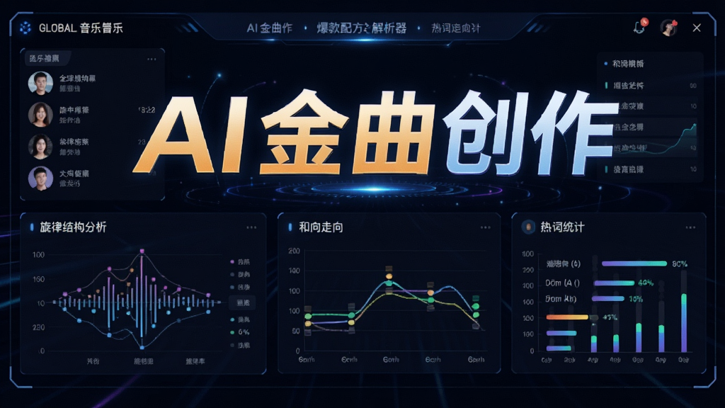 展示AI金曲创作爆款配方解析器功能的界面,画面中显示全球音乐榜单、旋律结构分析图、和弦走向图示以及热词统计,整体风格数据化且富有科技感,突出“AI金曲创作”文字,画质高清,无多余元素
