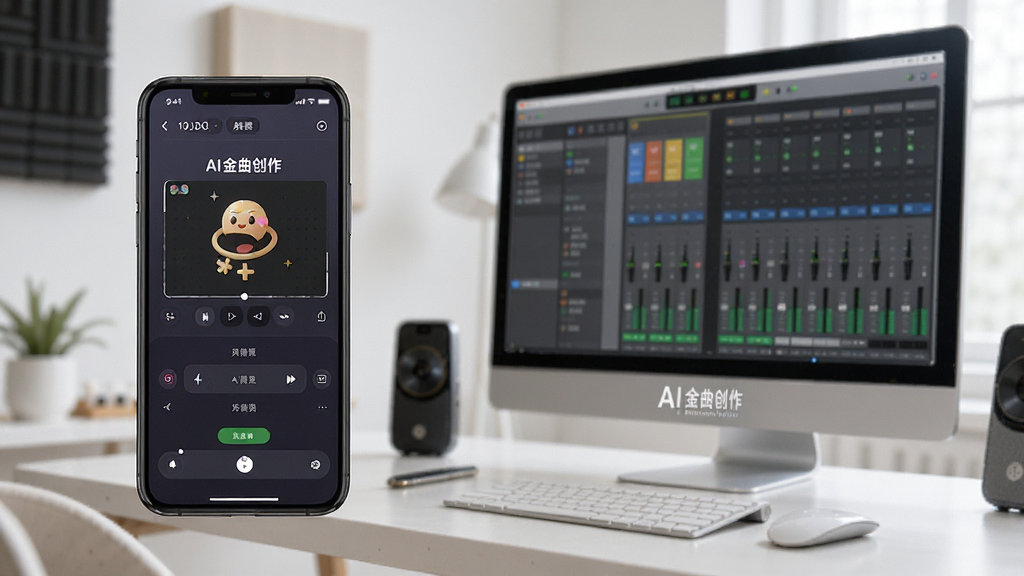 一张展示AI金曲创作在手机和电脑上运行的照片,左侧是手机屏幕显示创作界面,右侧是电脑显示器显示混音界面,整体环境明亮整洁,突出“AI金曲创作”品牌标识,画质清晰,无多余元素