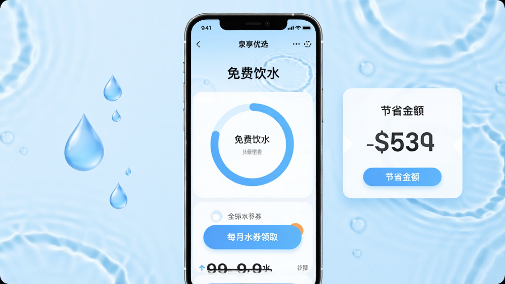 主体为“泉享优选”APP的“免费饮水”功能页面,界面显示全年饮水进度环和每月水券领取按钮,背景为淡蓝色纯净水波纹理,手机居中,左侧漂浮水滴图标,右侧展示节省金额卡片,布局均衡,排版清晰,风格简约明亮,细节圆润,画质干净无多余元素。