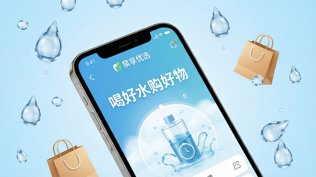 画面主体为“泉享优选”APP的智能手机界面特写,屏幕清晰展示“喝好水购好物”品牌标语与免费饮水倒计时图标,手机斜放在浅蓝色渐变背景中央,四周环绕纯净水滴与购物袋元素,构图简洁明快,排版疏朗,风格清新自然,细节丰富,画质高清干净,无多余元素。