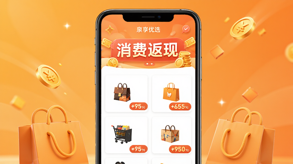 画面展示“泉享优选”APP的购物返现页面,顶部横幅标注“消费返现”字样,下方商品列表每件商品右下角显示返现比例,手机屏幕居中,背景为暖橙色渐变,购物袋与金币元素点缀,布局规整,排版清晰,风格活泼明亮,细节丰富,画质高清干净。