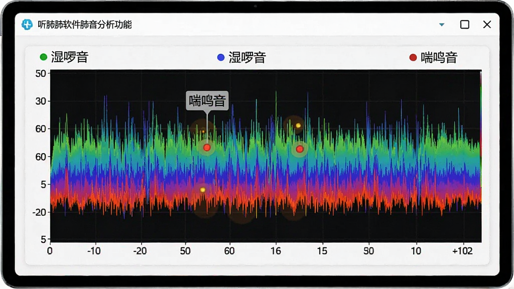 听肺肺软件肺音分析功能界面,展示彩色波形图与异常标记点,屏幕上有“湿音”“喘鸣音”文字标签,背景为白色医疗风格,布局清晰,画质干净