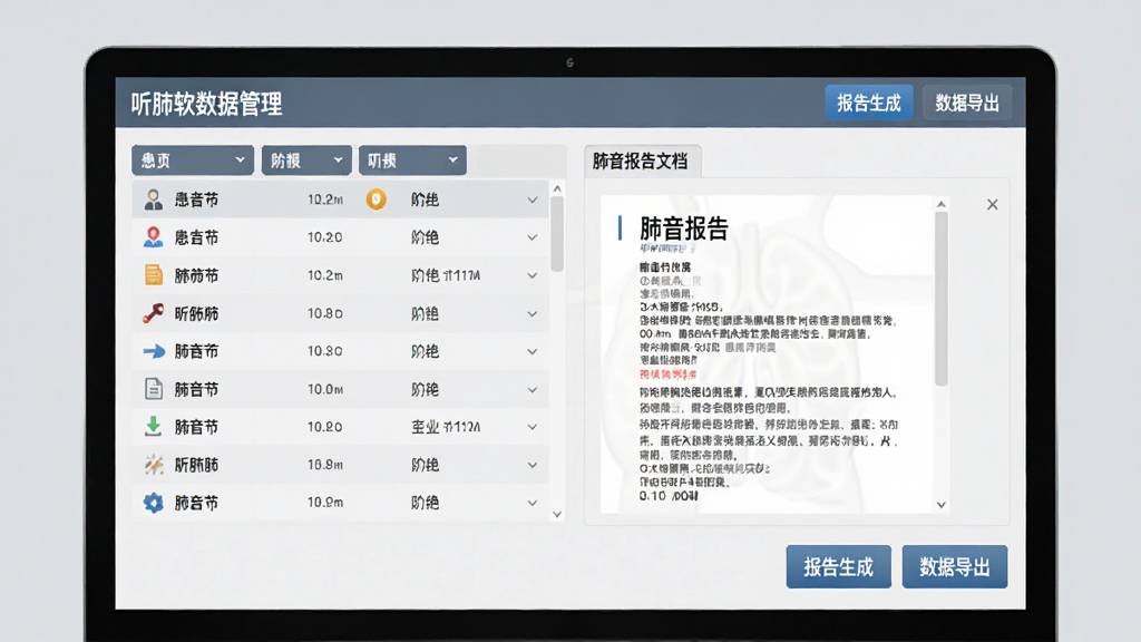听肺肺软件数据管理界面,显示患者列表与肺音报告文档,屏幕上有“报告生成”“数据导出”按钮,整体风格专业严谨,背景为淡灰色,画质清晰