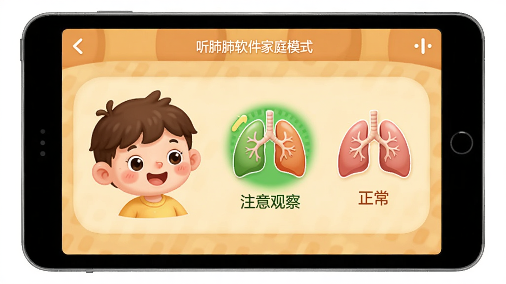 听肺肺软件家庭模式界面,显示儿童卡通形象与肺音状态指示,屏幕上有“正常”“注意观察”等提示文字,背景为暖色调,风格亲和,画质干净