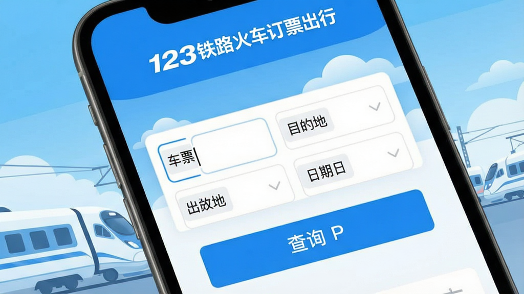 一张展示123铁路火车订票出行应用主界面的手机截图,界面以蓝白为主色调,顶部显示“123铁路火车订票出行”文字logo,中间为车票查询输入框,有出发地、目的地、日期选项,下方为醒目查询按钮,背景是简洁的列车剪影和蓝天白云,整体风格清新明亮,UI设计现代,画质干净,无多余元素