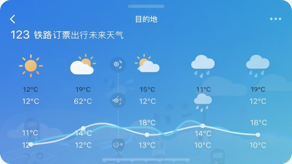 一张展示123铁路火车订票出行城市天气功能的手机截图,页面显示目的地城市未来五天的天气预报,以图标和温度曲线形式呈现,背景为渐变蓝色,有太阳、云朵、雨滴等天气图标,界面清晰易读,整体风格清新,画质干净,无多余元素