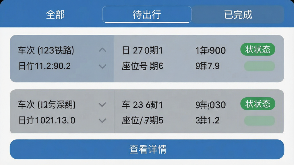 一张展示123铁路火车订票出行订单管理功能的手机截图,页面为订单列表,顶部有“全部”、“待出行”、“已完成”等分类标签,每条订单卡片显示车次、日期、座位号、票价和状态标签,底部有“查看详情”按钮,布局清晰,蓝灰配色,风格简洁,画质干净,无多余元素