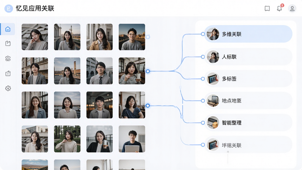 主体为忆见应用的数据关联界面,左侧是照片缩略图,右侧列出人物、标签、地点等关联选项,有连线相互连接。布局为分栏式,整体以白色和淡蓝色为主。排版整齐,风格清爽,细节突出“多维关联”和“智能整理”。画质高清,干净无多余元素。