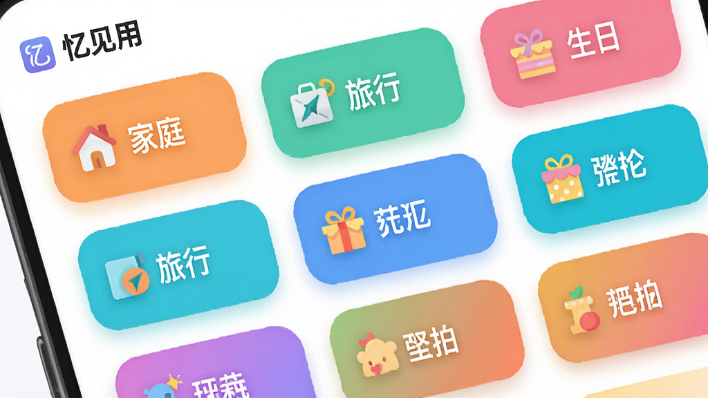 主体为忆见应用的标签管理界面,屏幕上显示多个彩色标签卡片,如“家庭”、“旅行”、“生日”等,每个卡片上都有小图标。布局为网格状,色彩丰富但和谐,风格活泼。细节包括标签的圆角设计和阴影效果。画质高清,干净无多余元素。