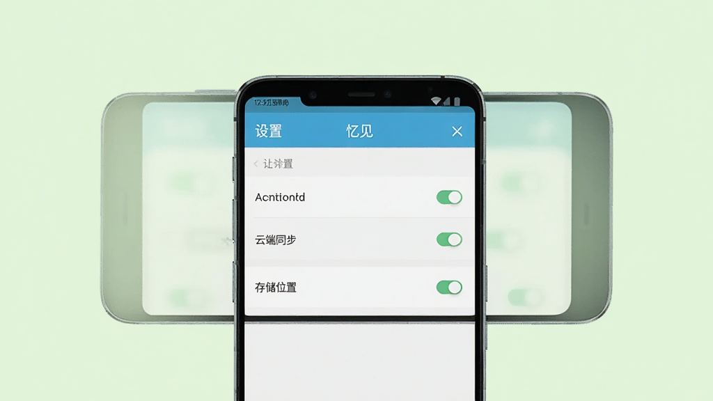 主体为一部安卓手机正在运行忆见应用,屏幕显示“设置”页面,有“云端同步”、“存储位置”等选项。布局为手机居中,背景为淡绿色,风格简洁。细节包括设置项的开关按钮。画质高清,干净无多余元素。