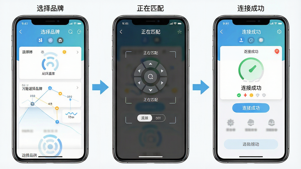 一张分步操作演示图,主体是手机截屏拼图,展示万能遥控器空调遥控应用从选择品牌到连接成功的三个步骤界面。布局为横向三连屏,每屏有箭头指引。排版清晰,有“选择品牌”、“正在匹配”、“连接成功”的文字标识。风格为UI界面展示风格,色彩清新明亮,细节清晰,画质高清,干净无多余元素。