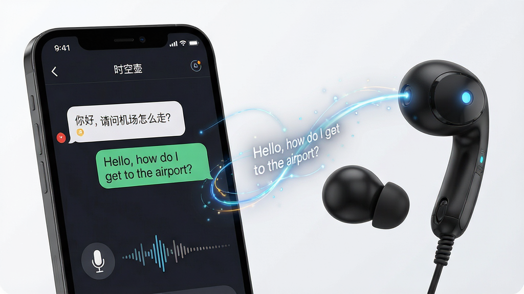 主体:时空壶翻译应用界面与时空壶翻译耳机产品组合展示,界面显示中英文对话互译气泡,耳机为黑色科技感设计。布局:左侧为手机应用界面,右侧为耳机产品,中间以动态连接线条与翻译文字特效衔接。排版:手机界面清晰展示“你好,请问机场怎么走?”与“Hello, how do I get to the airport?”的对照翻译。风格:科技感、现代化、简洁明亮。细节:耳机指示灯亮起,界面有麦克风图标和语音波形。画质:高清渲染,干净,无多余元素。