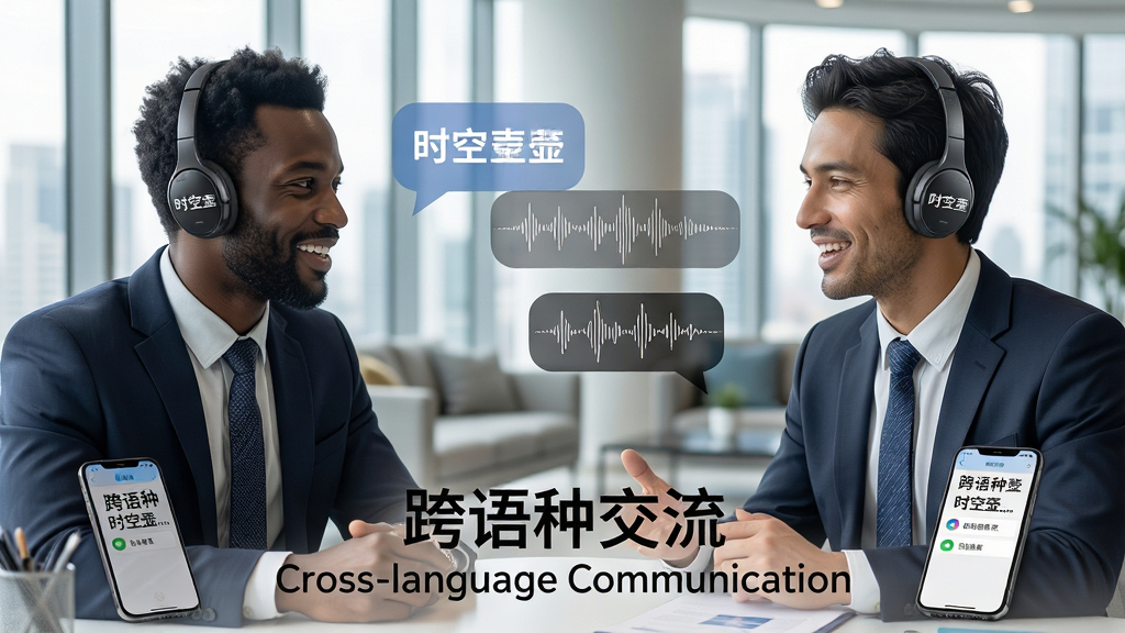 主体:两位不同国籍的商务人士佩戴时空壶翻译耳机正在进行流畅对话,手机放置在桌面上显示实时翻译文本。布局:人物分居画面左右两侧,中间留出空间展示对话气泡与翻译波形。排版:画面下方展示“跨语种交流”与“Cross-language Communication”字样。风格:写实风格,商务场景,明亮通透。细节:耳机上印有“时空壶”品牌标识,人物表情轻松愉悦,背景为现代城市会客厅。画质:高清摄影质感,画面干净无杂乱元素。