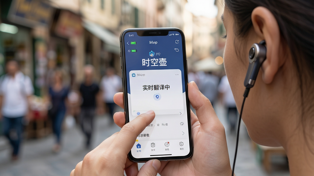 主体:一只手拿着手机正在操作时空壶App,另一只耳朵佩戴着时空壶翻译耳机,背景是模糊的异国街头。布局:手机屏幕特写居中,耳机清晰可见,背景虚化。排版:手机屏幕上显示“时空壶”App主界面和“实时翻译中”字样。风格:生活化场景,自然光摄影。细节:耳机外观精致,App界面简洁,有电量图标和信号图标。画质:高清,画面干净,突出人物与设备交互。